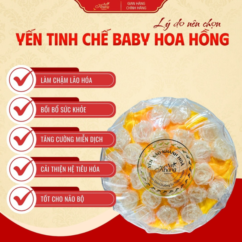 Yến Tinh Chế Baby Hoa Hồng 30-50-100g AN KHANG Bổ Dưỡng, Yến Sào Khánh Hòa Tinh Chế Thủ Công An Toàn